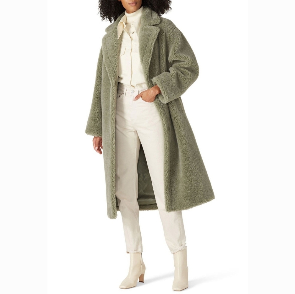 STAND STUDIO Olive Green Teddy Coat Faux FUR SHEARLING - Picture 2 of 9